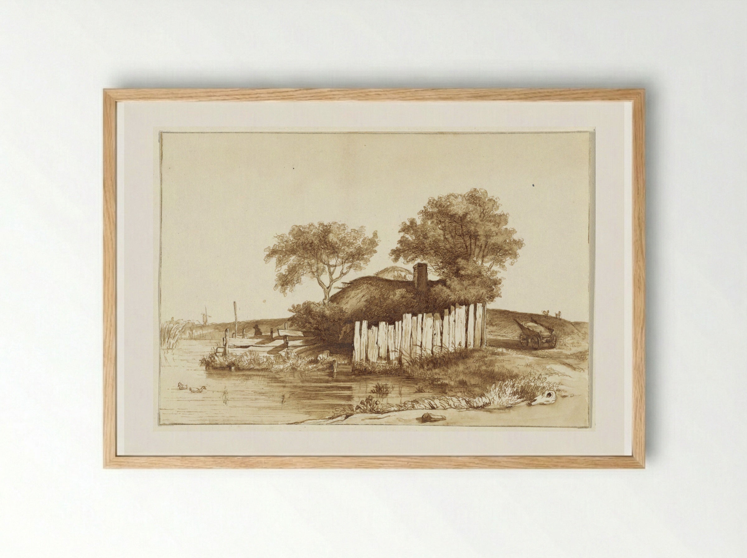 Huisje met omheind erf aan het water - Hendrik Abraham Klinkhamer - Framed Print Wood
