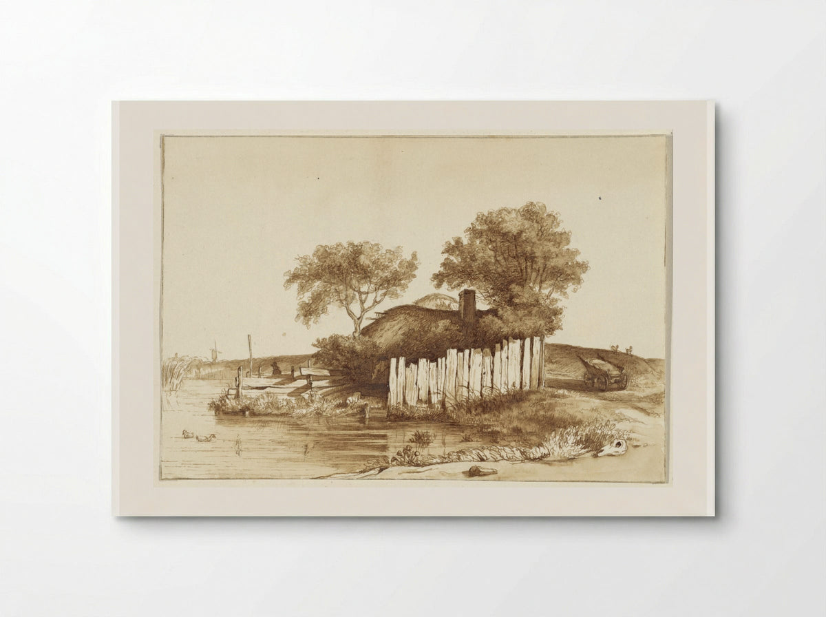 Huisje met omheind erf aan het water - Hendrik Abraham Klinkhamer - Poster