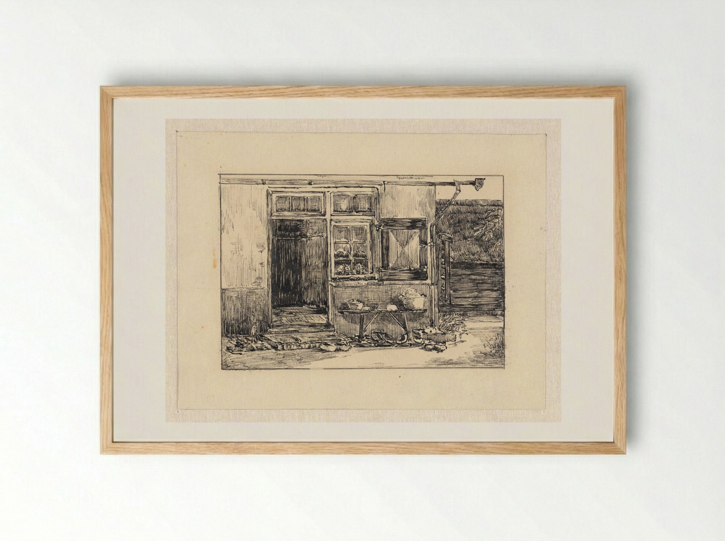 Huisje met potten en pannen op een bankje voor de deur - Johanna Quirina van Regteren Altena - Framed Print Wood