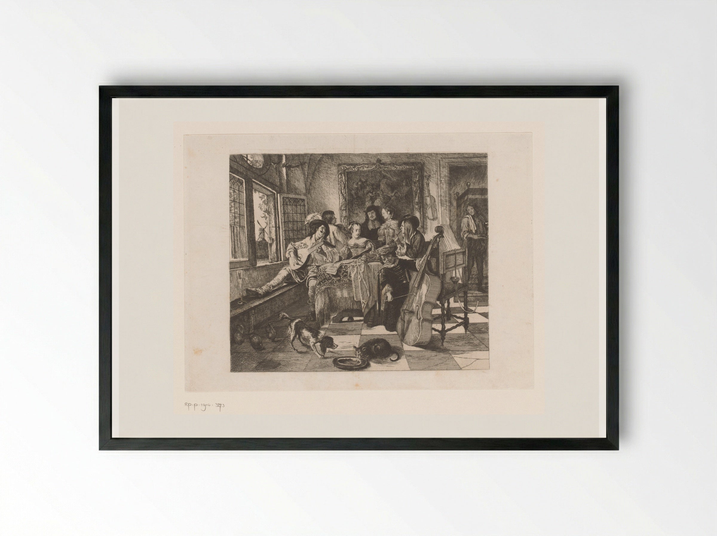 Huiskamerconcert met drie muzikanten en een zangeres - Léopold Flameng - Framed Print Black