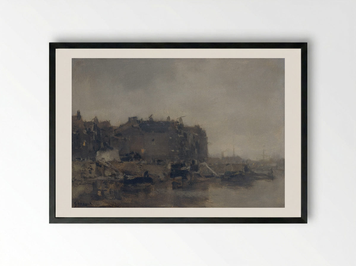 Huizen aan de Prins Hendrikkade te Amsterdam op een mistige dag - Jacob Maris - Framed Print Black