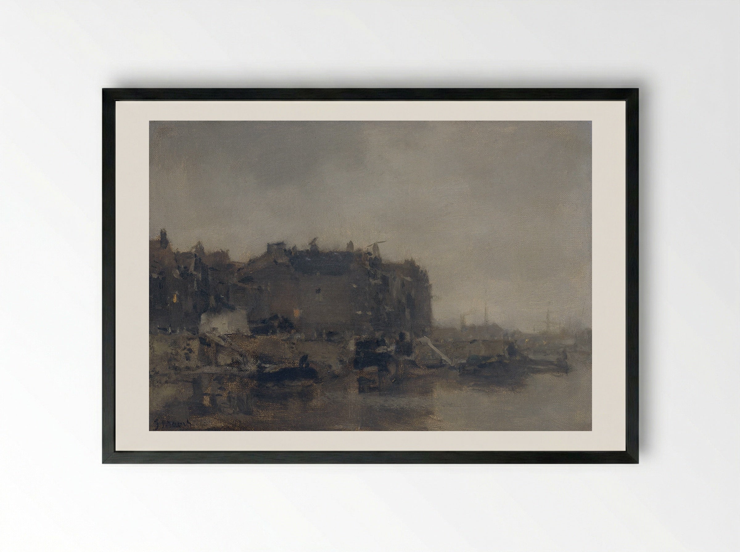 Huizen aan de Prins Hendrikkade te Amsterdam op een mistige dag - Jacob Maris - Framed Print Black