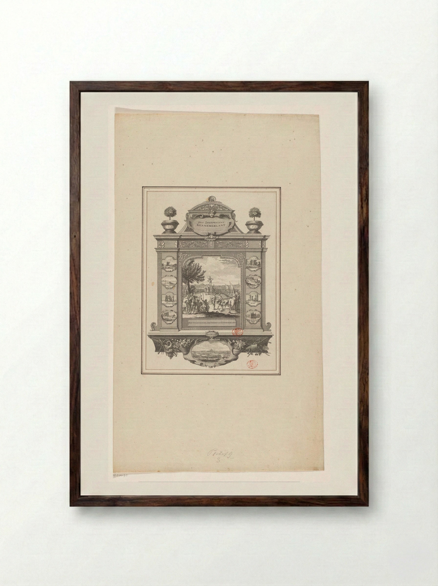 Huldiging van Cananefatenleider Brinio op het Huldtoneel - Hendrik de Leth - Framed Print Dark Wood