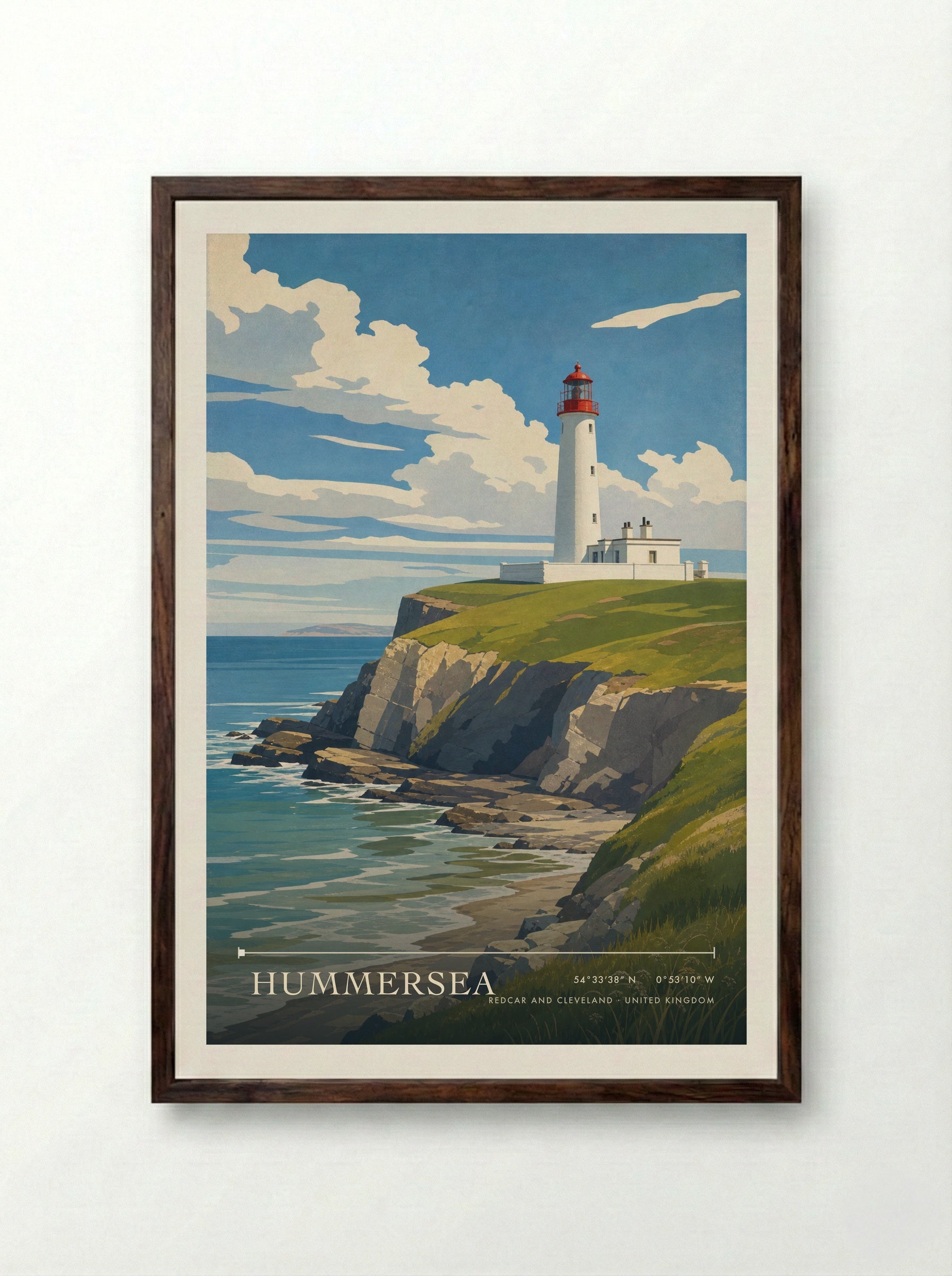 Hummersea Redcar and Cleveland United Kingdom Travel Poster - Framed Print Dark Wood