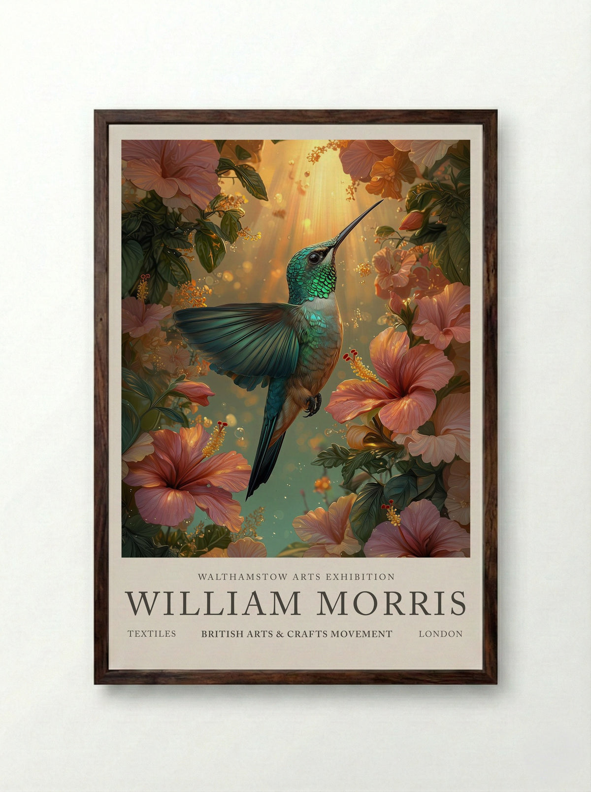 Hummingbird Halo - William Morris - Framed Print Dark Wood
