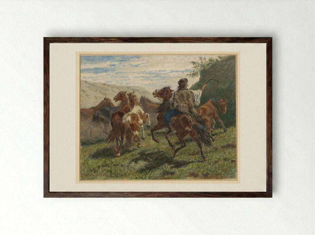 Hungarian Rider Herding Horses - F. Smithson - Framed Print Dark Wood