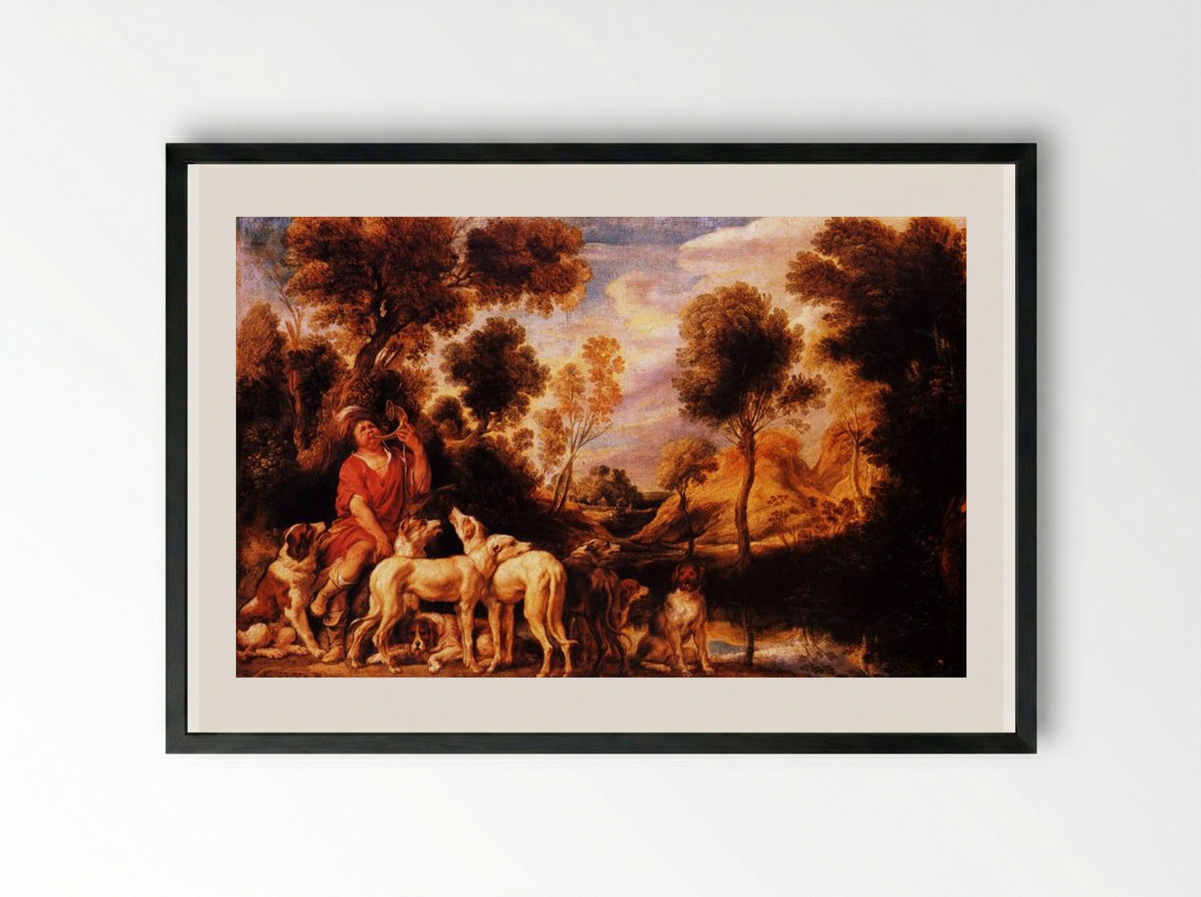 Hunter with his dogs - Jacob Jordaens - Framed Print Black