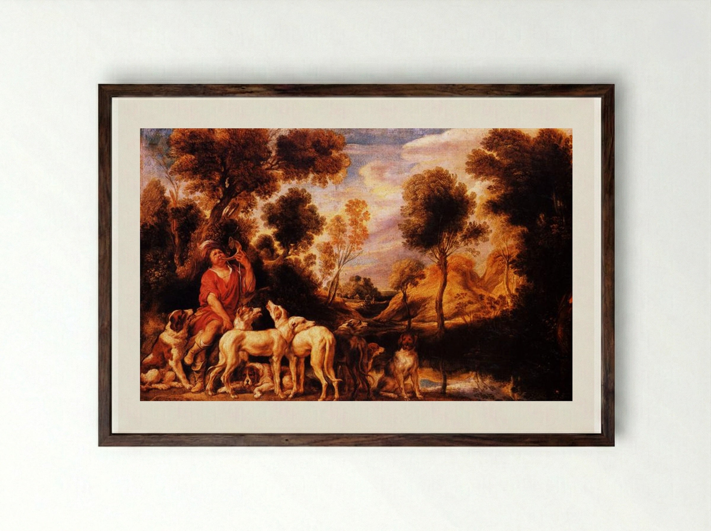 Hunter with his dogs - Jacob Jordaens - Framed Print Dark Wood