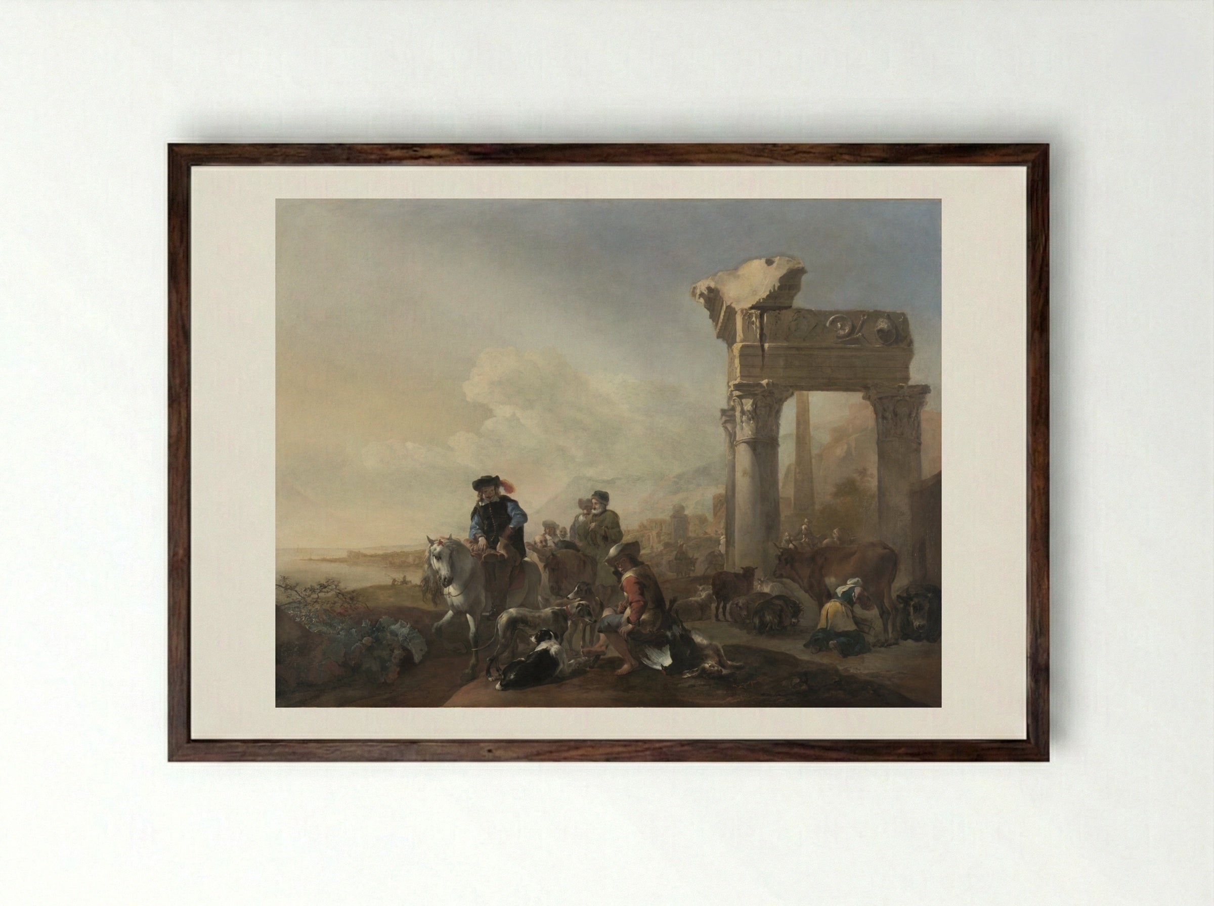 Hunters Near Ruins - Jan Baptist Weenix - Framed Print Dark Wood