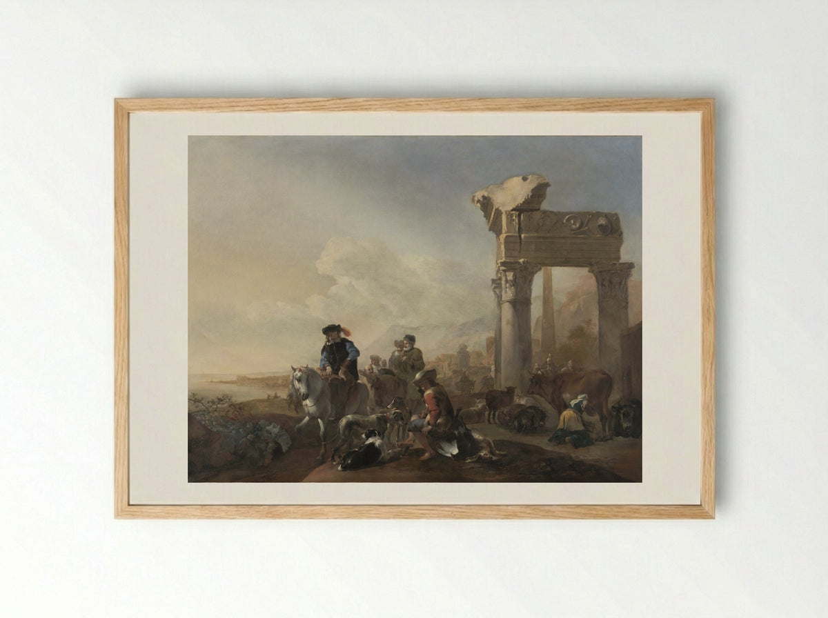 Hunters Near Ruins - Jan Baptist Weenix - Framed Print Wood