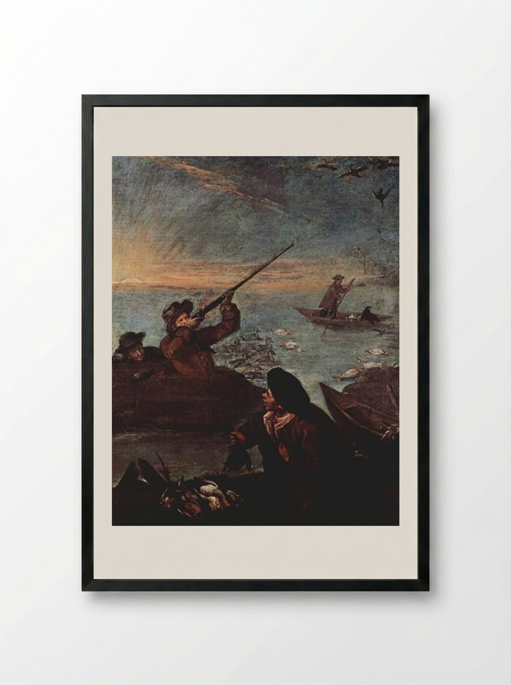 Hunters Shooting at Ducks - Pietro Longhi - Framed Print Black