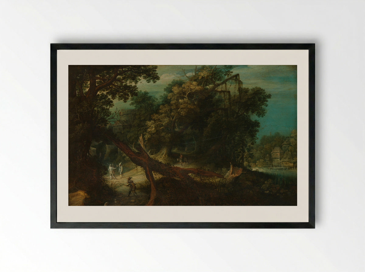 Hunters in a Forest Clearing - Adriaen van Stalbemt - Framed Print Black