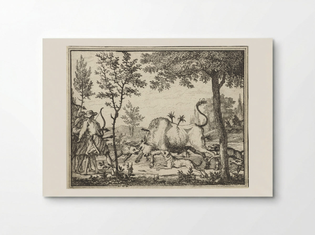 Hunters with Dogs Shooting Arrows at a Bull - Vincent Laurensz. van der Vinne (II) - Poster