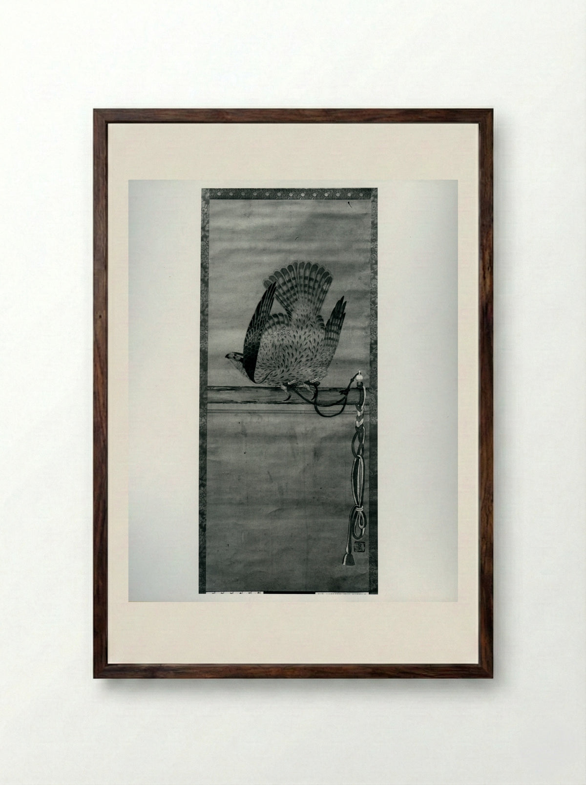Hunting Hawk on Perch - Soga Chokuan - Framed Print Dark Wood