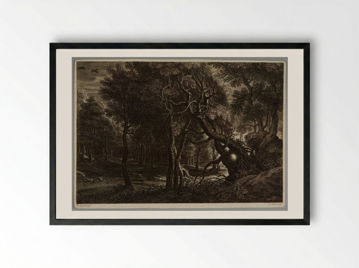 Hunting Scene in a Forest - Schelte Adamsz. Bolswert - Framed Print Black