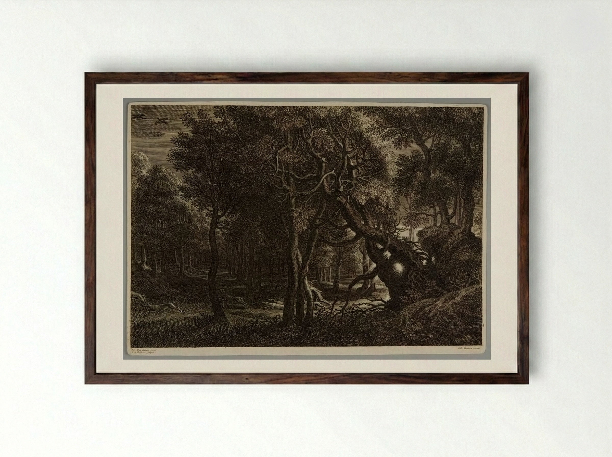 Hunting Scene in a Forest - Schelte Adamsz. Bolswert - Framed Print Dark Wood