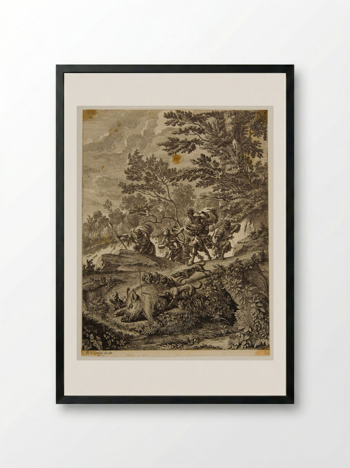 Hunting the Calydonian Boar - Richard van Orley - Framed Print Black
