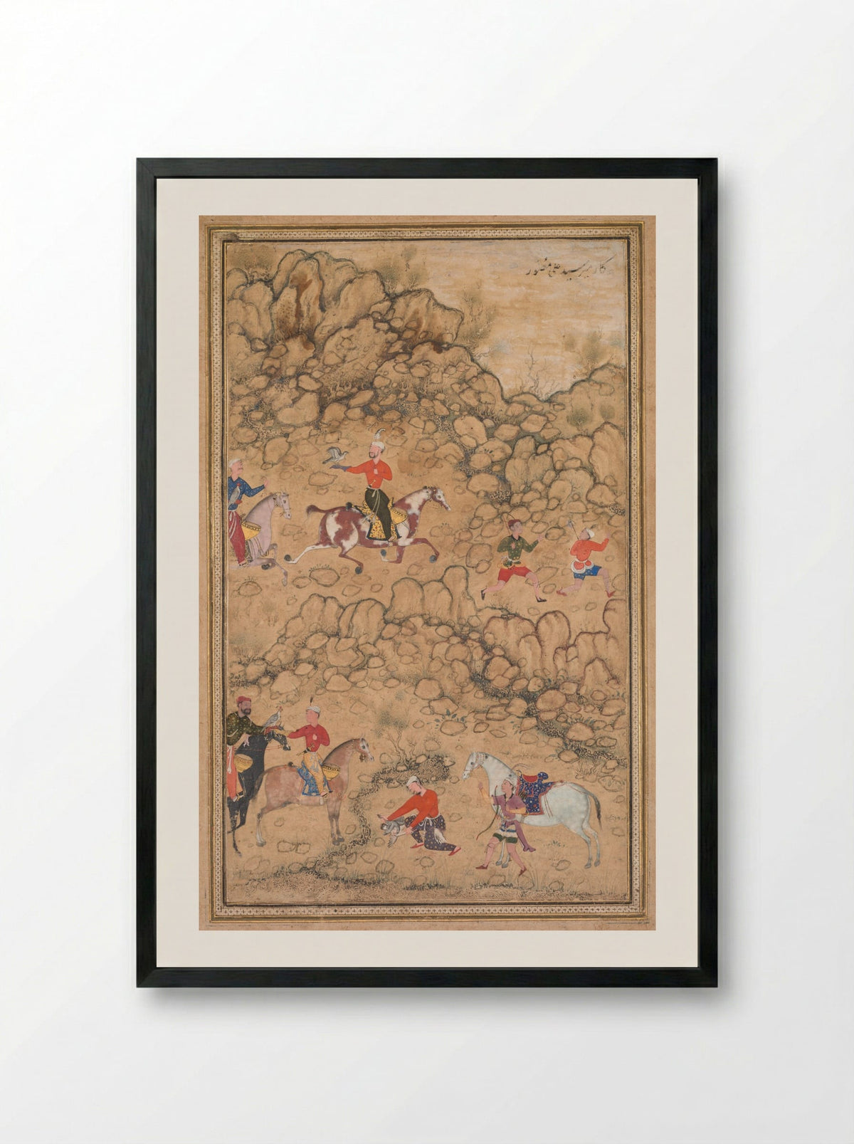 Hunting with falcons in a rocky terrain - Abd al-Samad - Framed Print Black