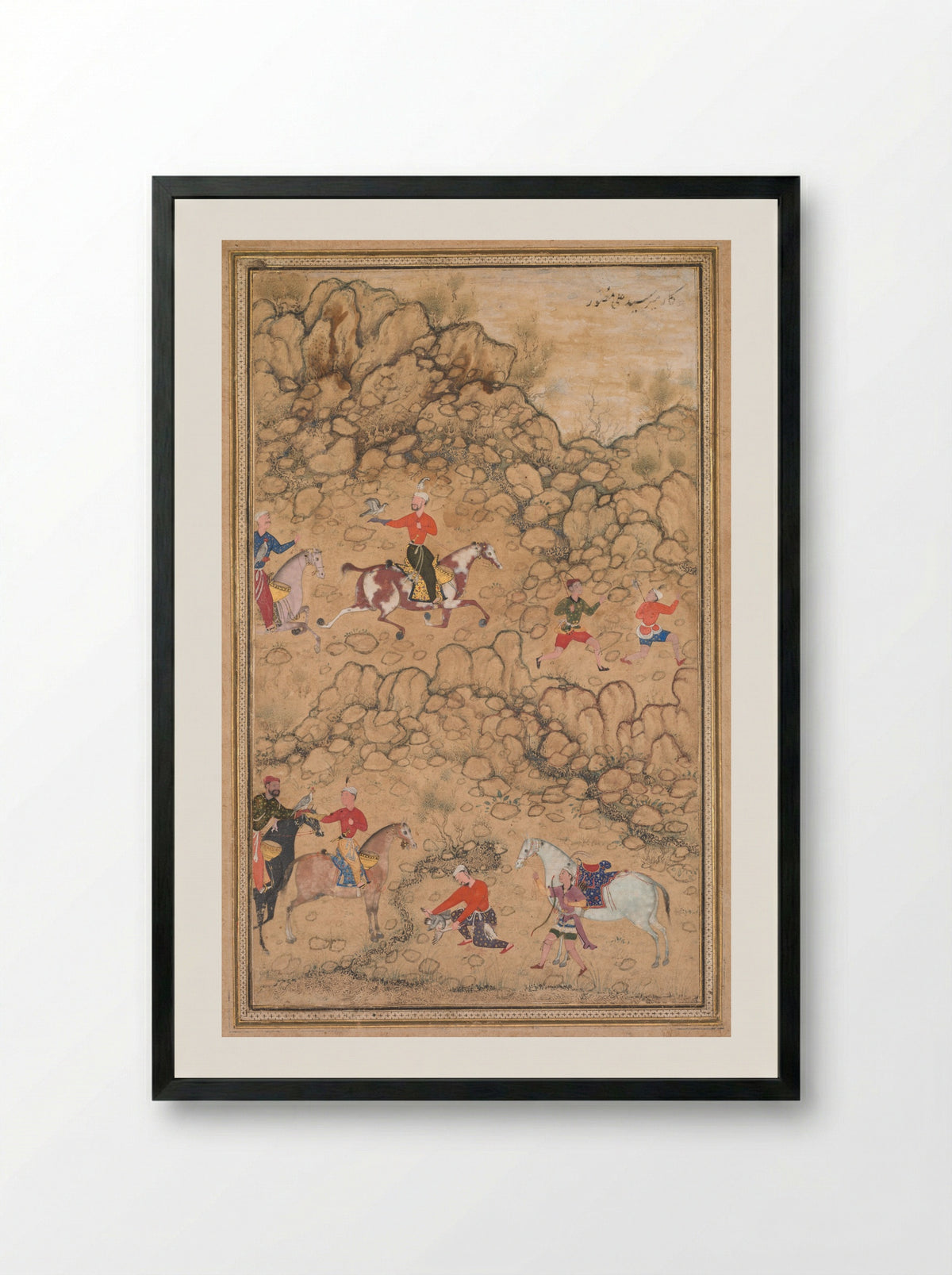 Hunting with falcons in a rocky terrain - Abd al-Samad - Framed Print Black