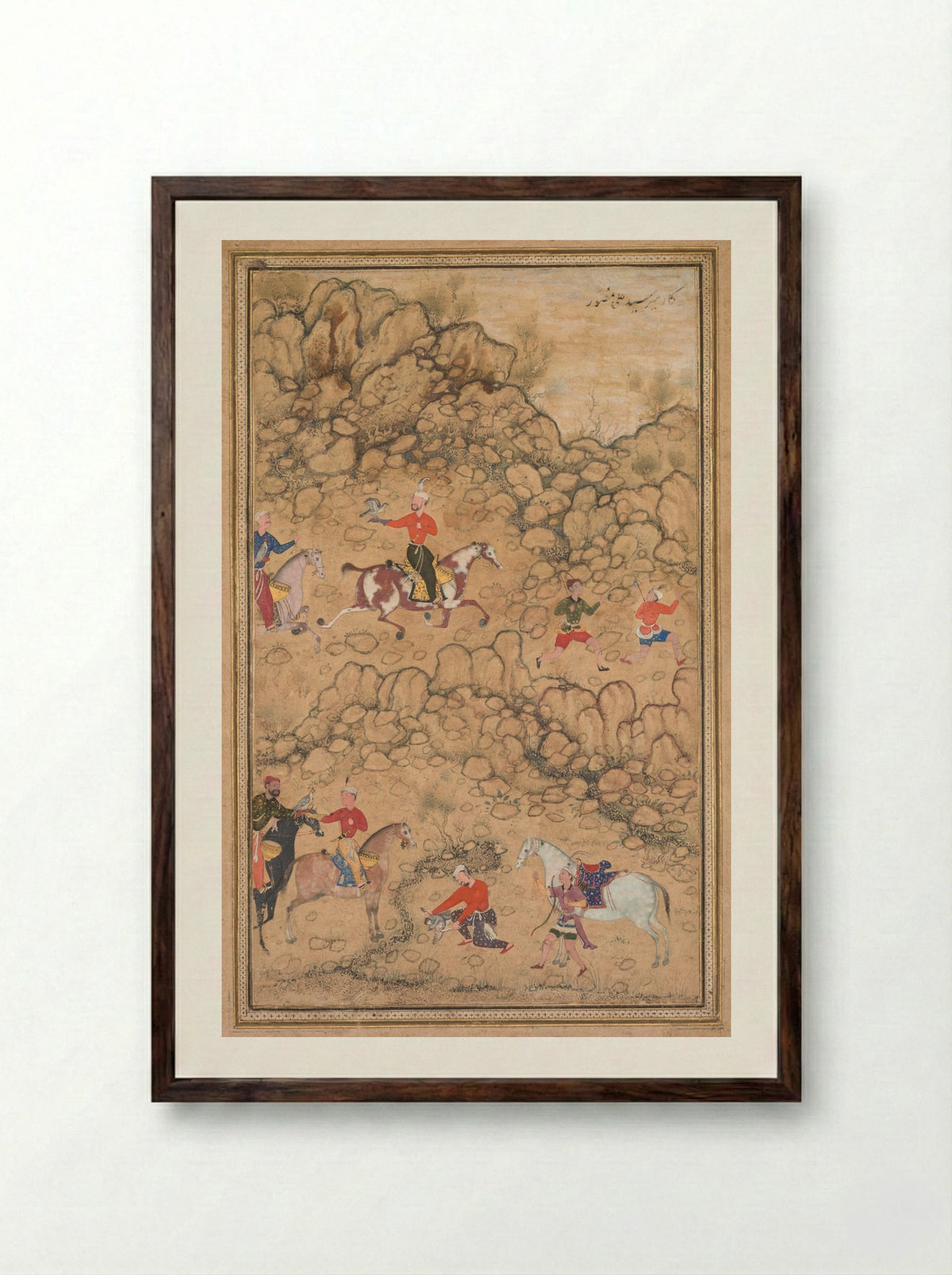 Hunting with falcons in a rocky terrain - Abd al-Samad - Framed Print Dark Wood