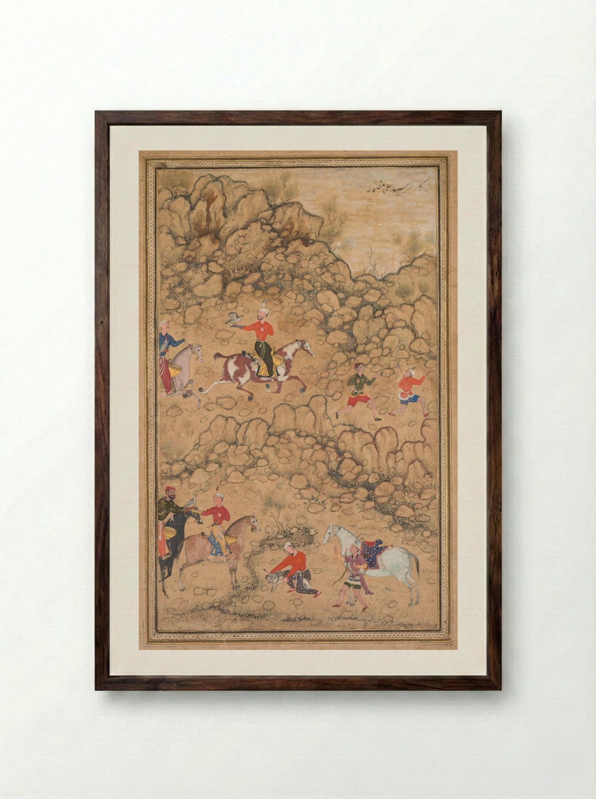 Hunting with falcons in a rocky terrain - Abd al-Samad - Framed Print Dark Wood