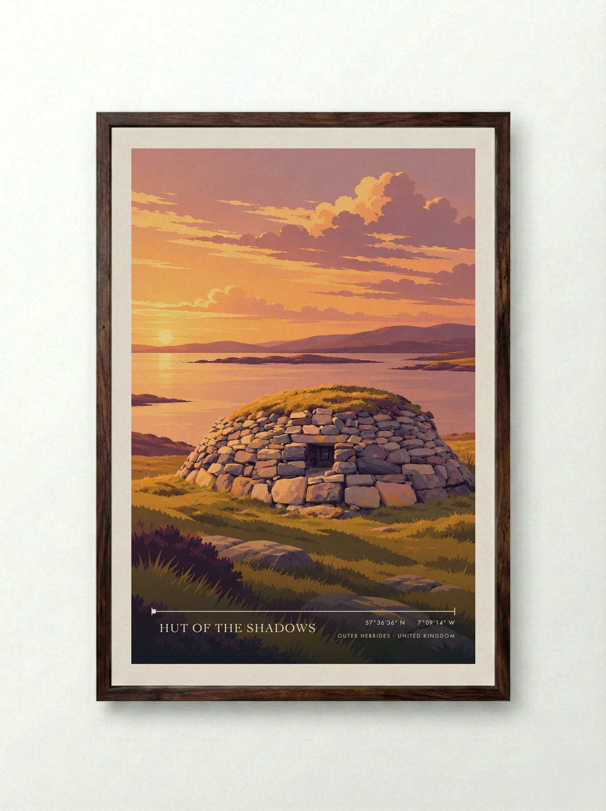 Hut of the Shadows, Outer Hebrides | Travel Poster - Framed Print Dark Wood