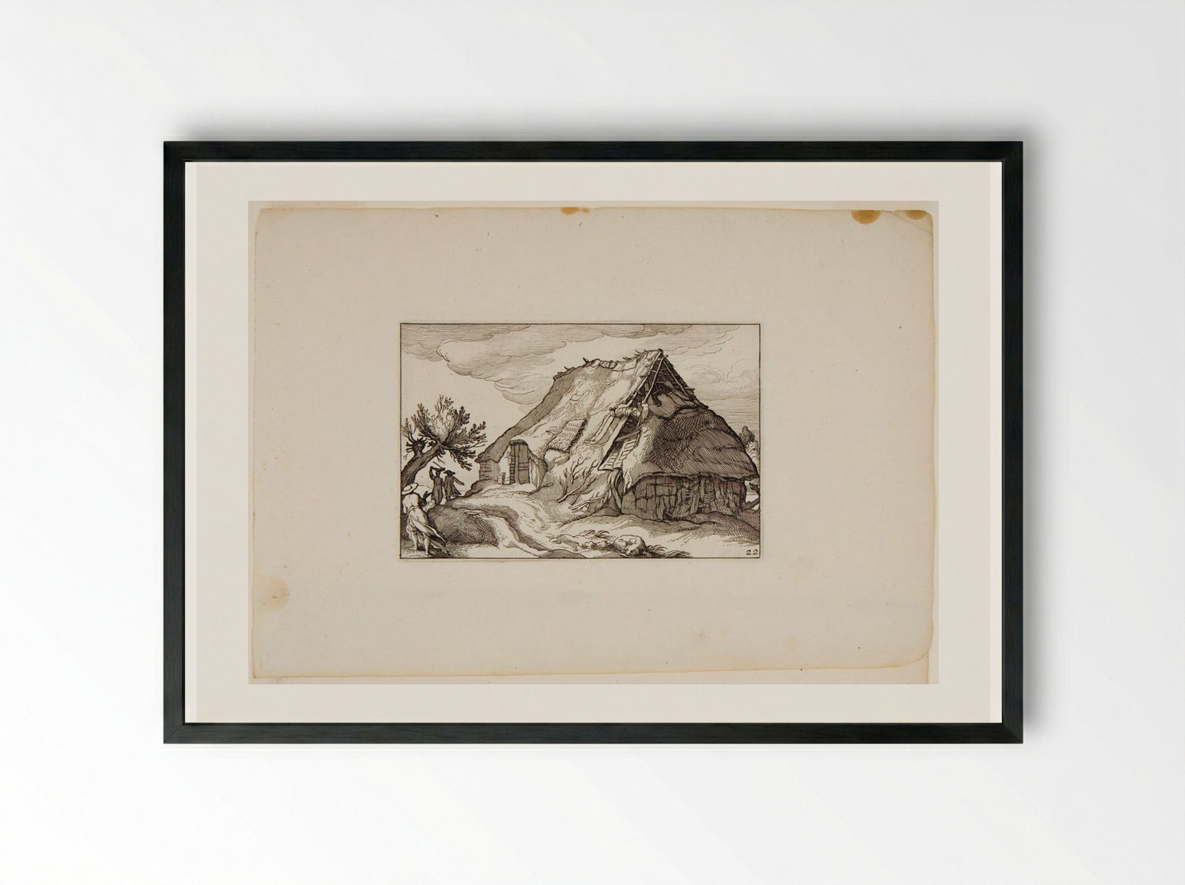 Hut with Dilapidated Roof, Three Figures to Left - Claes Jansz. Visscher - Framed Print Black