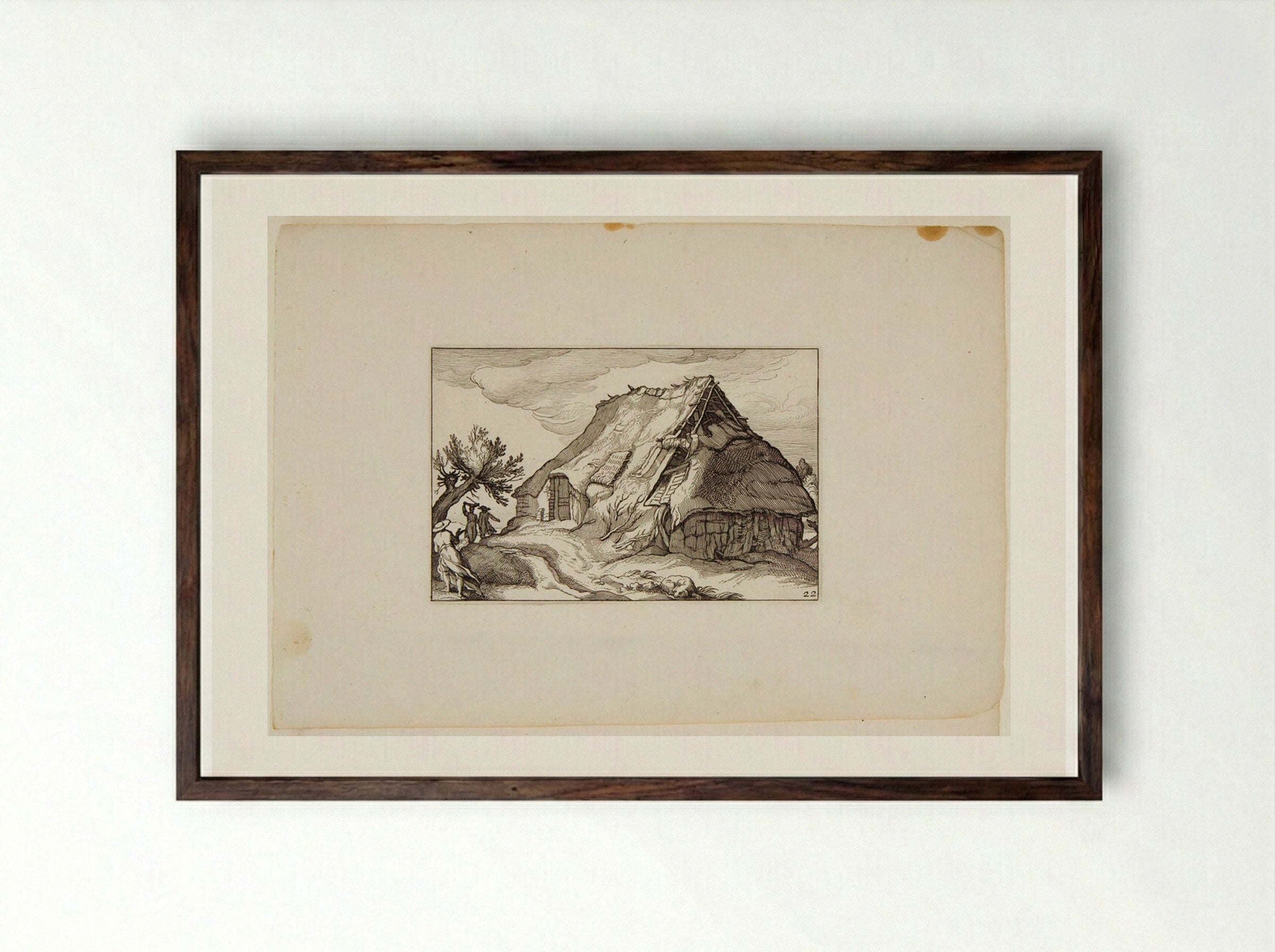 Hut with Dilapidated Roof, Three Figures to Left - Claes Jansz. Visscher - Framed Print Dark Wood