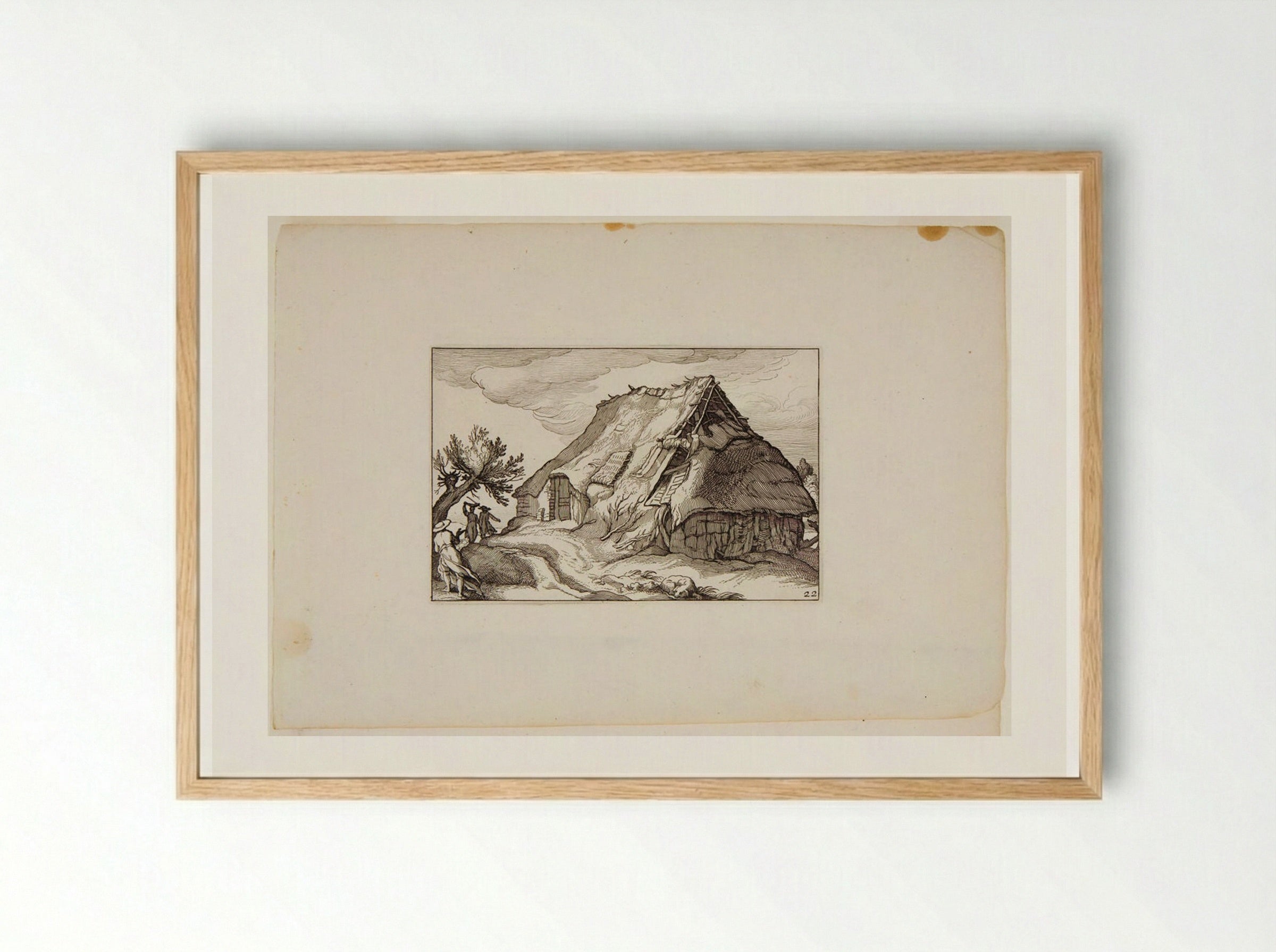 Hut with Dilapidated Roof, Three Figures to Left - Claes Jansz. Visscher - Framed Print Wood