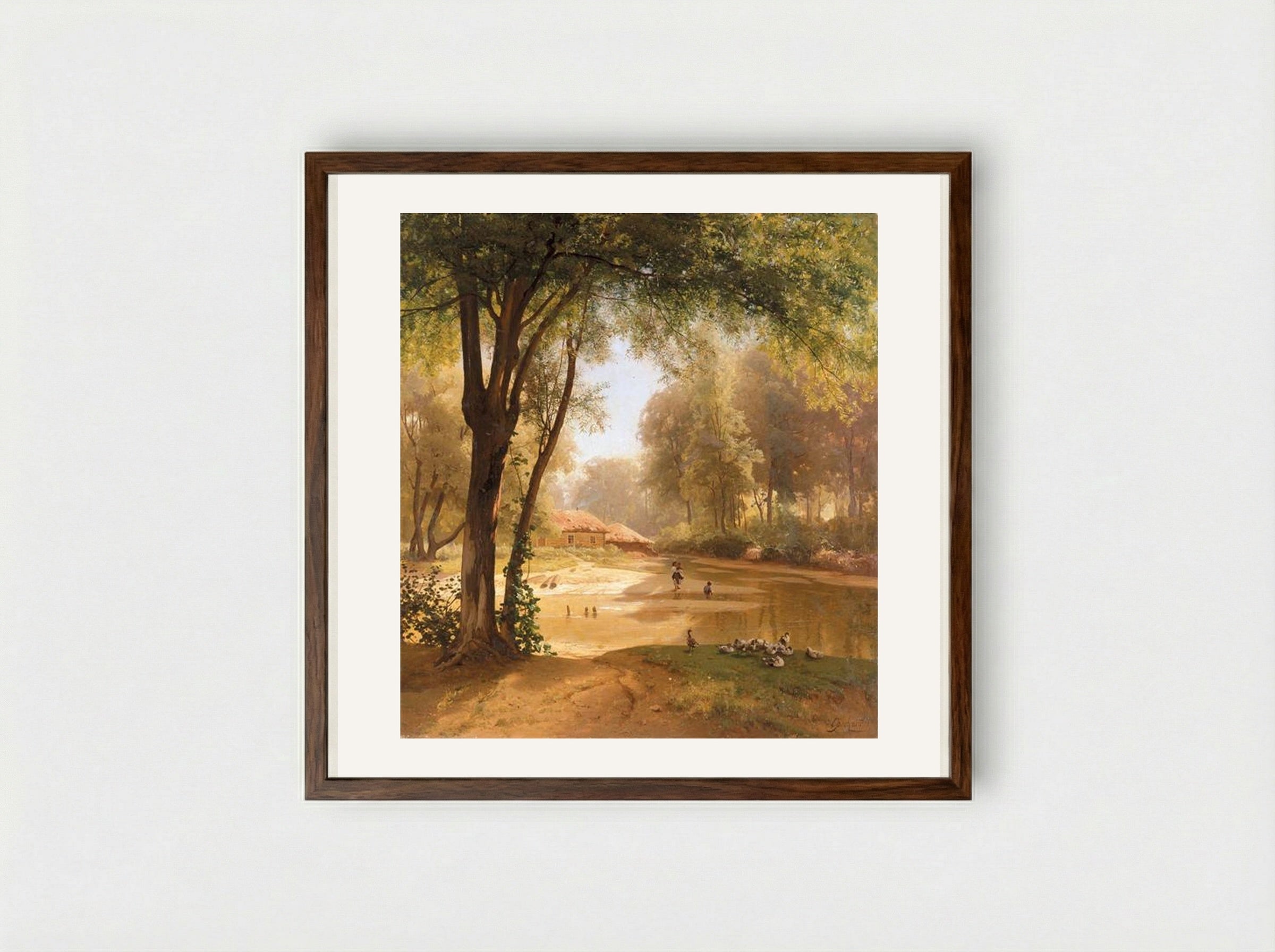 Huts in the Forest - Volodymyr Orlovsky - Framed Print Dark Wood