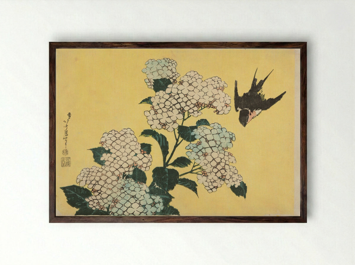 Hydrangea and Swallow - Katsushika Hokusai - Framed Print Dark Wood