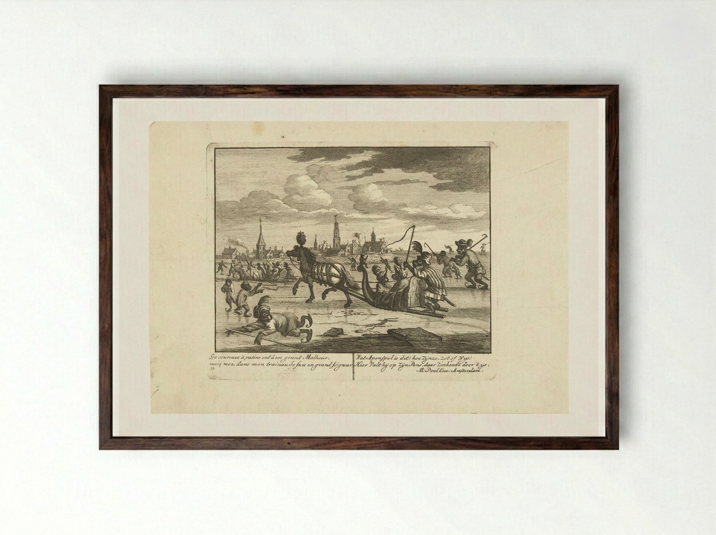 IJsvermaak met apen - Matthijs Pool - Framed Print Dark Wood