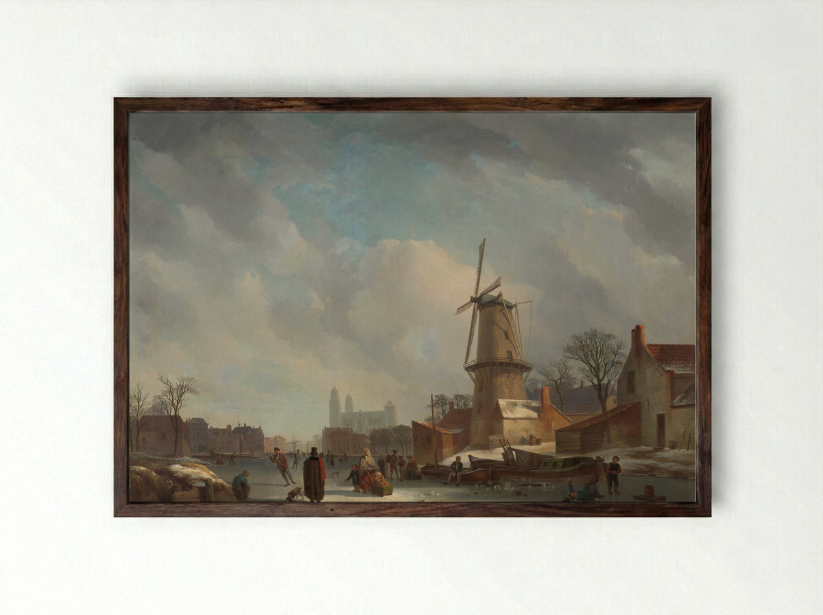 IJsvermaak op een stadsgracht - Abraham Johannes Couwenberg - Framed Print Dark Wood