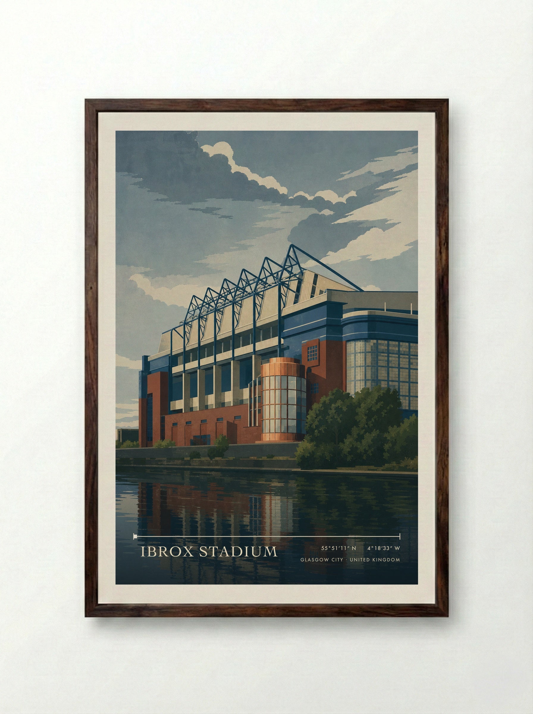 Ibrox Stadium Glasgow City United Kingdom Travel Poster - Framed Print Dark Wood