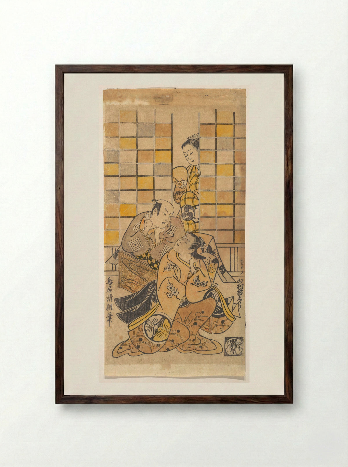 Ichikawa Danjuro II as Kanto Koroku and Yamamura Ichitaro as Oichi - Torii Kiyotomo - Framed Print Dark Wood