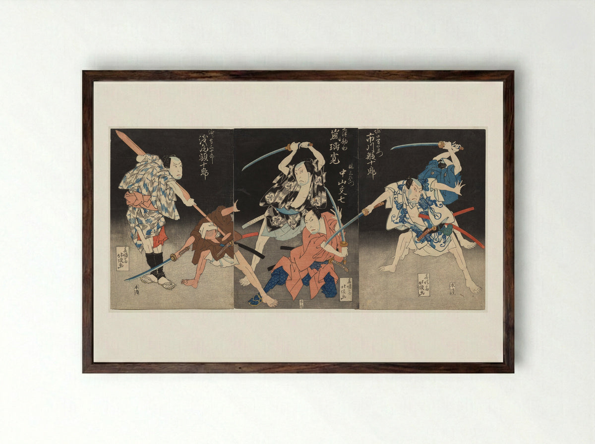 Ichikawa Ebijūrō II as Horiguchi Manzaemon and Others - Shunshosai Hokuchō - Framed Print Dark Wood