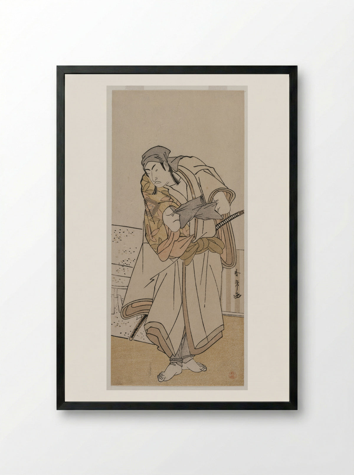 Ichikawa Monnosuke II Standing Beside a Stone Box - Katsukawa Shunjō - Framed Print Black