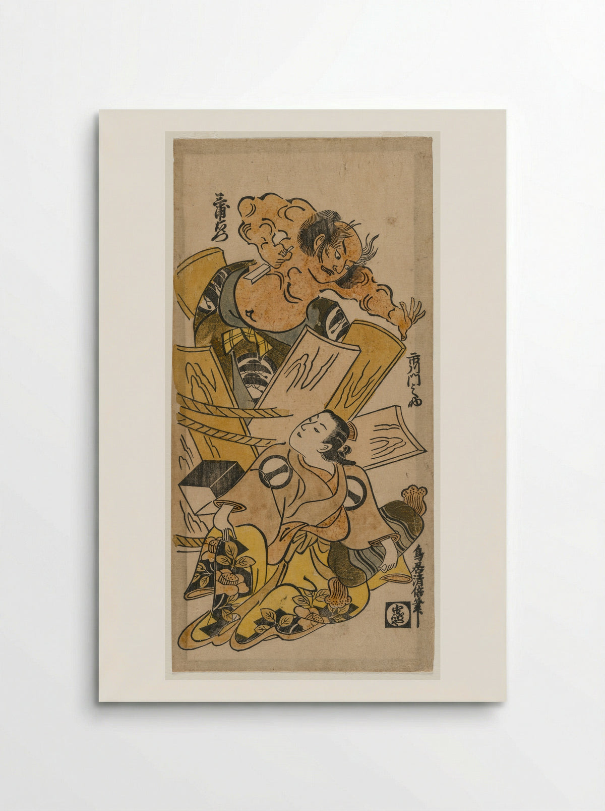 Ichikawa Monnosuke as a Courtesan and Nakajima Mioemon Bursting Out of a Barrel - Torii Kiyomasu - Poster