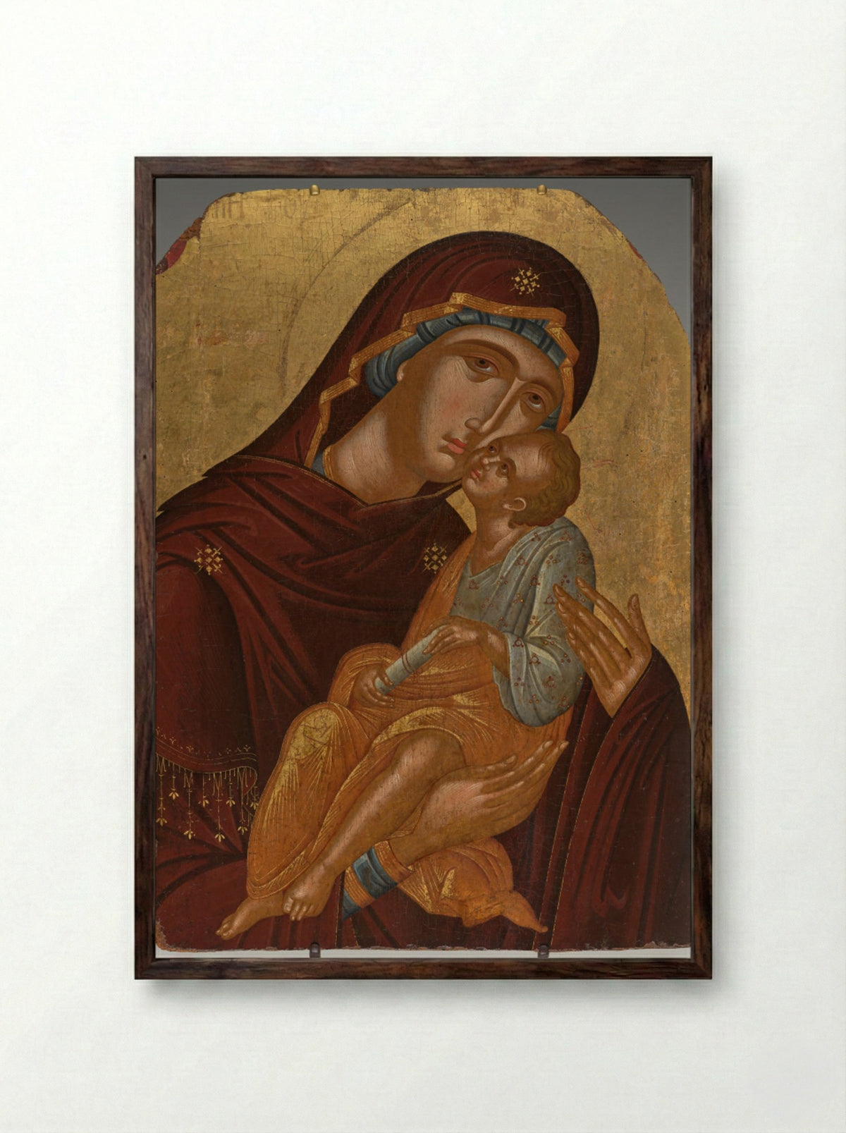 Icon of the Mother of God and Infant Christ (Virgin Eleousa) - Angelos Akotantos - Framed Print Dark Wood