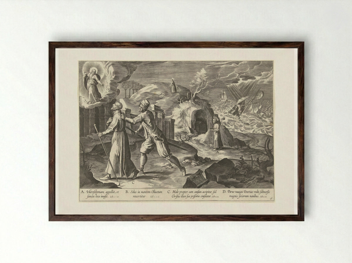 Ignatius bezoekt het Heilige Land - Theodoor Galle - Framed Print Dark Wood