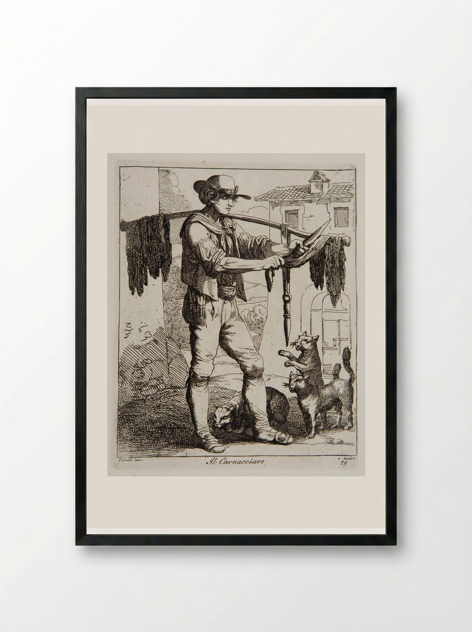 Il Carnacciaro (The Meat Seller) - Bartolomeo Pinelli - Framed Print Black