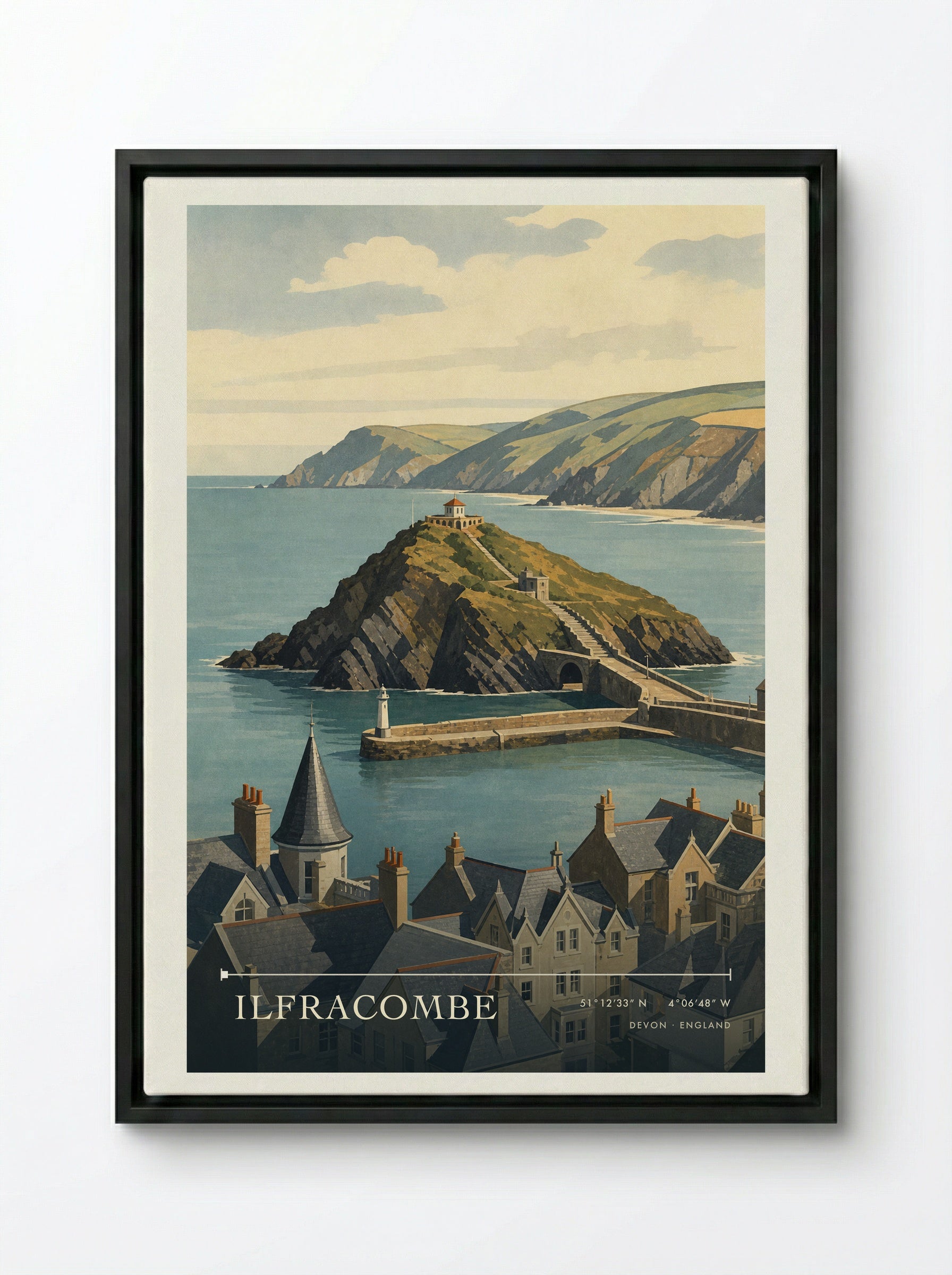 Ilfracombe Devon England Travel Poster - Framed Canvas Black