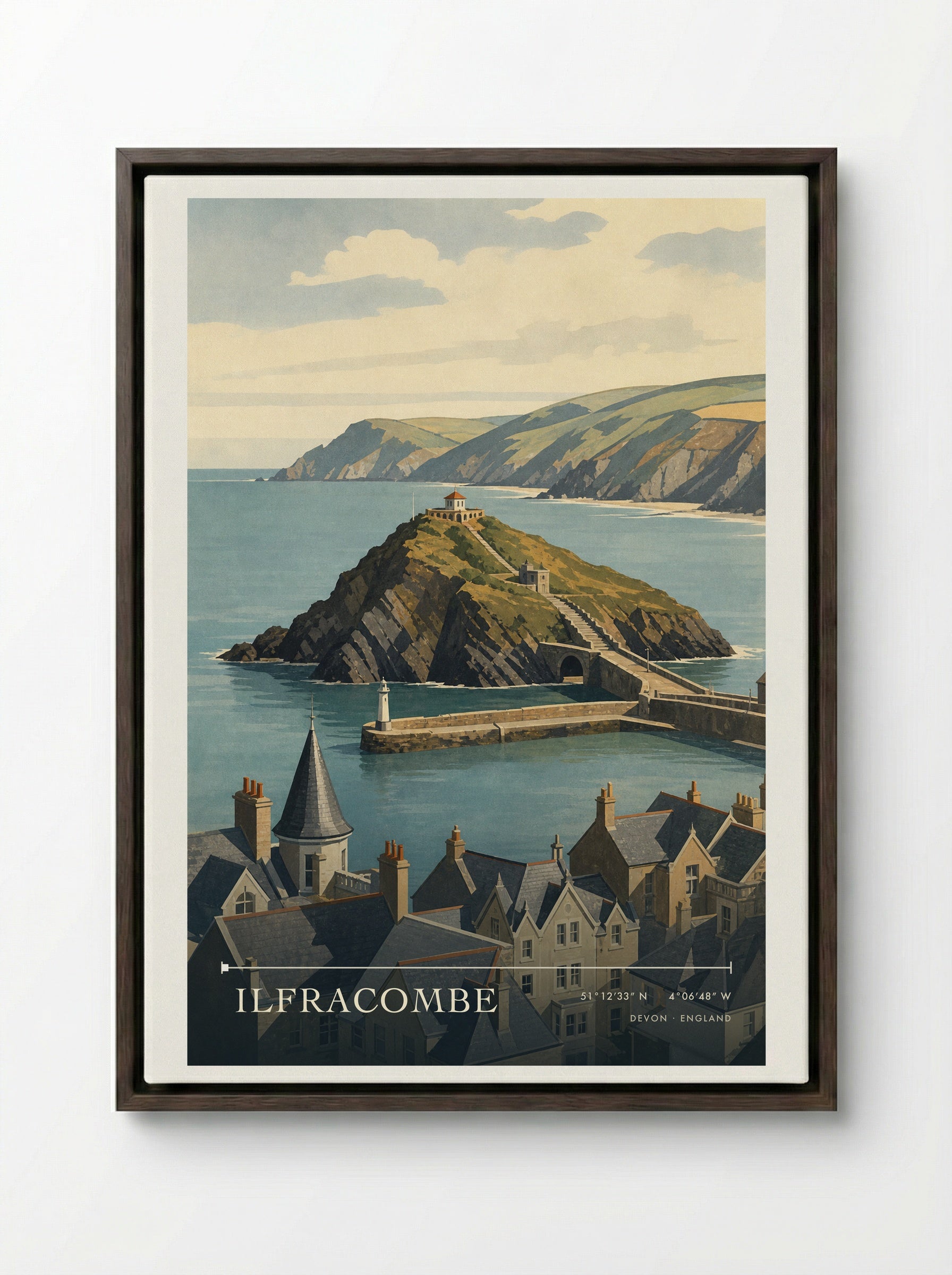 Ilfracombe Devon England Travel Poster - Framed Canvas Dark Wood