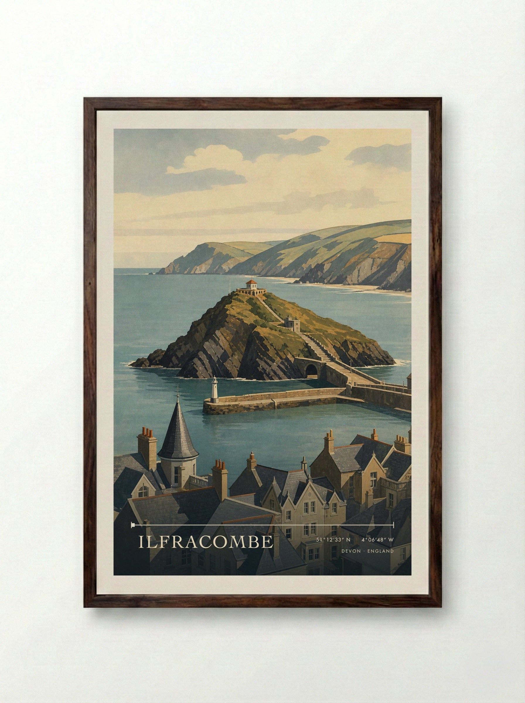 Ilfracombe Devon England Travel Poster - Framed Print Dark Wood