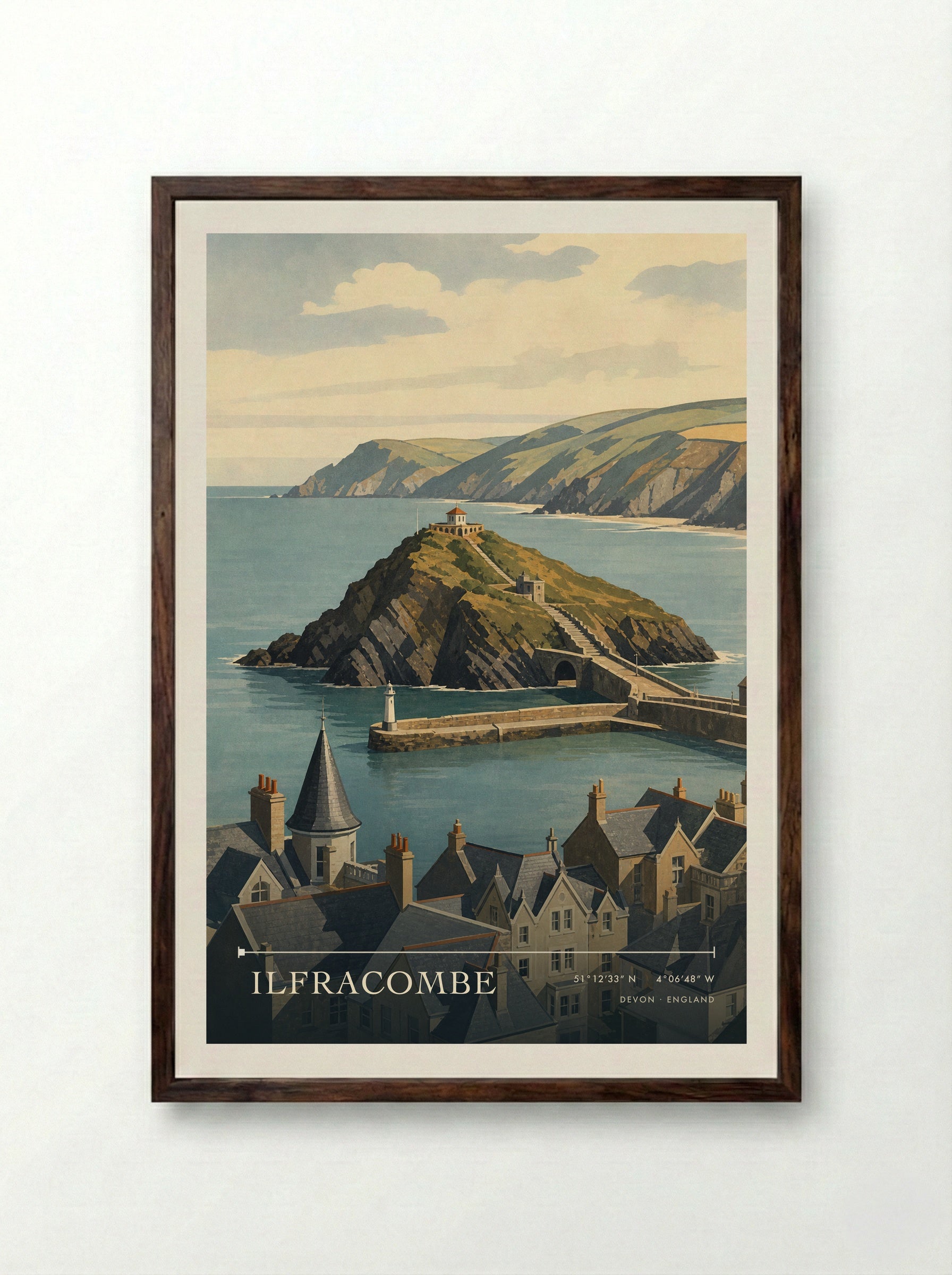 Ilfracombe Devon England Travel Poster - Framed Print Dark Wood