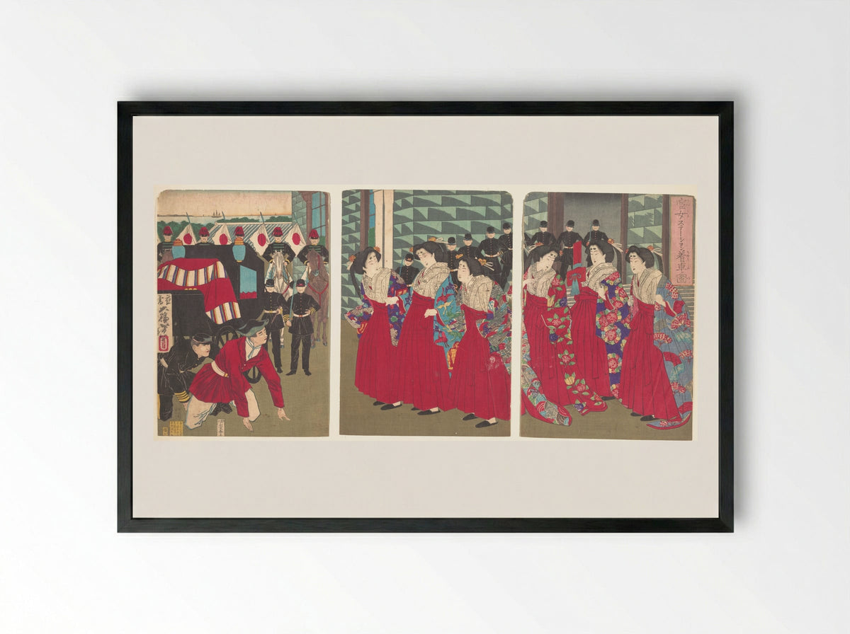 Illustration of Ladies-in-waiting boarding at a station - Tsukioka Yoshitoshi - Framed Print Black