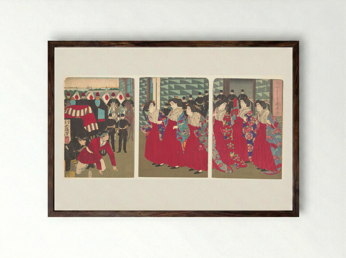 Illustration of Ladies-in-waiting boarding at a station - Tsukioka Yoshitoshi - Framed Print Dark Wood
