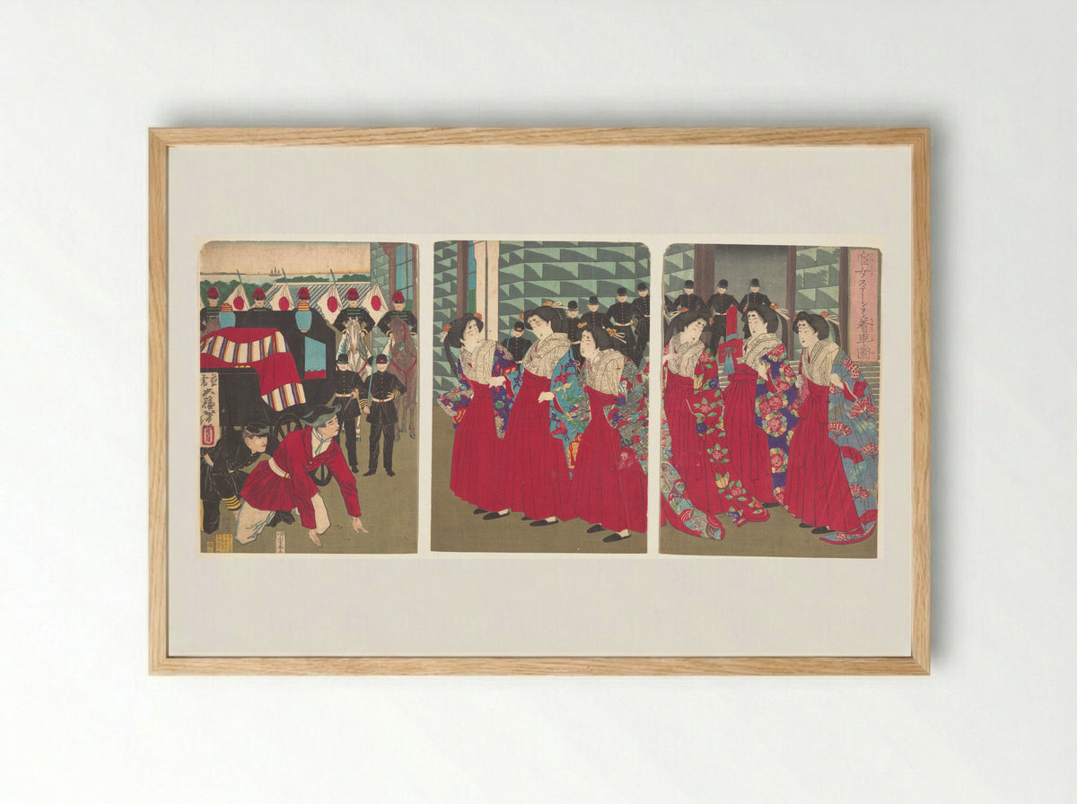 Illustration of Ladies-in-waiting boarding at a station - Tsukioka Yoshitoshi - Framed Print Wood
