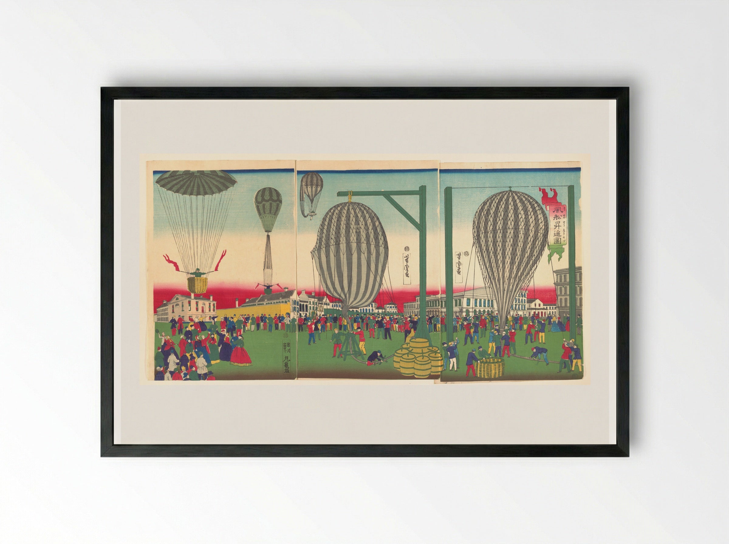 Illustration of a Balloon Ascending (Fūsen shōyō no zu) - Utagawa Yoshitora - Framed Print Black