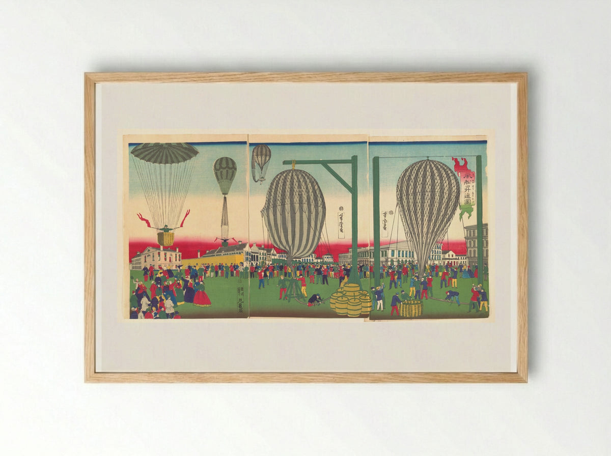 Illustration of a Balloon Ascending (Fūsen shōyō no zu) - Utagawa Yoshitora - Framed Print Wood